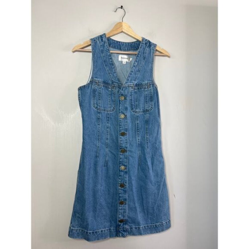 NEW Frame Sleeveless V-Neck Button Front Trucker Pocket Denim Mini Dress Blue XS - Picture 2 of 7